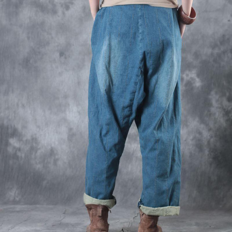 Women 2021 Casual Denim Blue Cotton Pants Loose Elastic Waist Wide Leg Pants - Omychic
