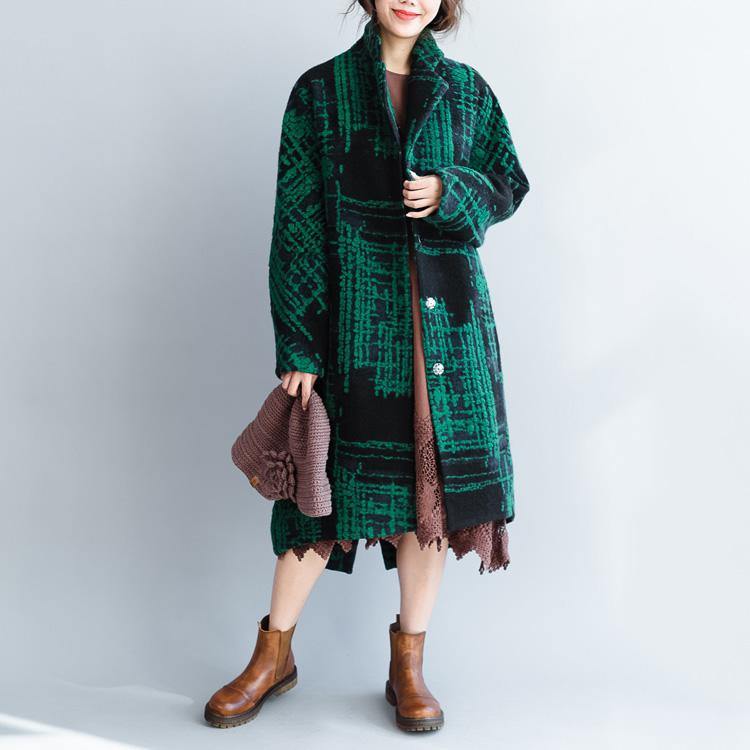 women Green print Wool Coats plus size clothing trench coat Fine long woolen jackets - Omychic