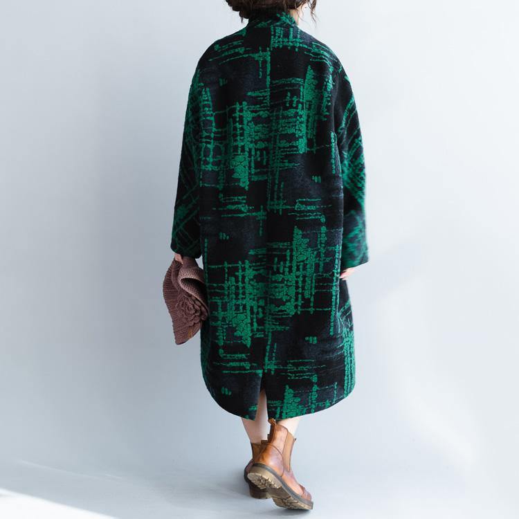 women Green print Wool Coats plus size clothing trench coat Fine long woolen jackets - Omychic
