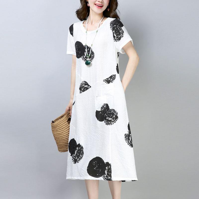women Midi-length cotton dress trendy plus size Casual Short Sleeve Round Neck Printed White Dress - Omychic