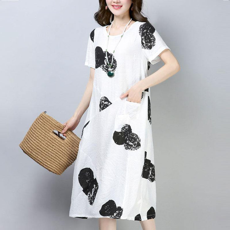 women Midi-length cotton dress trendy plus size Casual Short Sleeve Round Neck Printed White Dress - Omychic