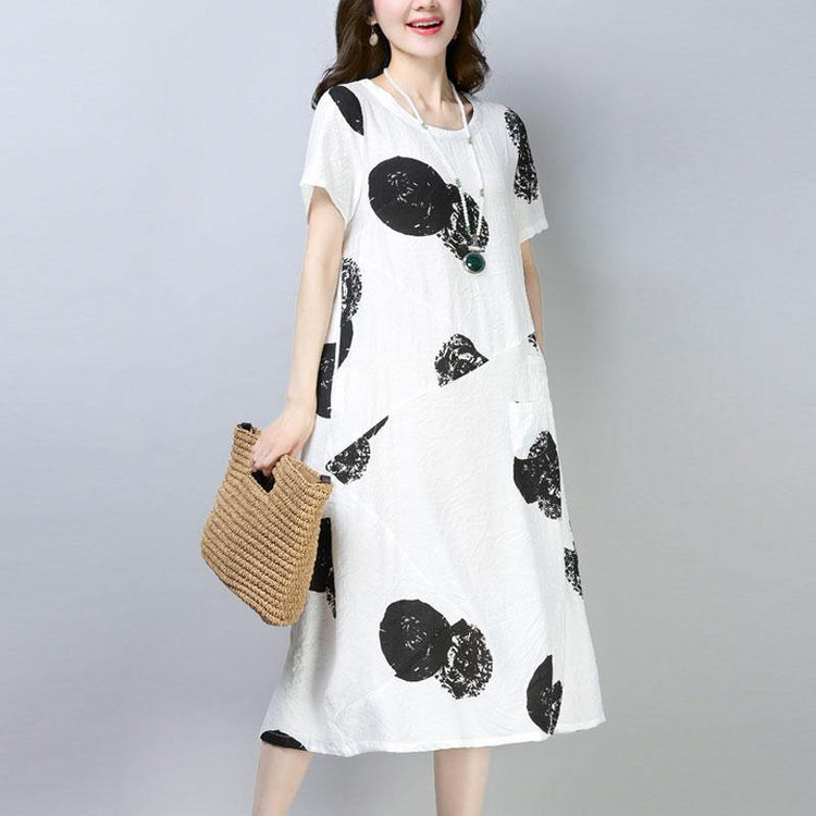 women Midi-length cotton dress trendy plus size Casual Short Sleeve Round Neck Printed White Dress - Omychic