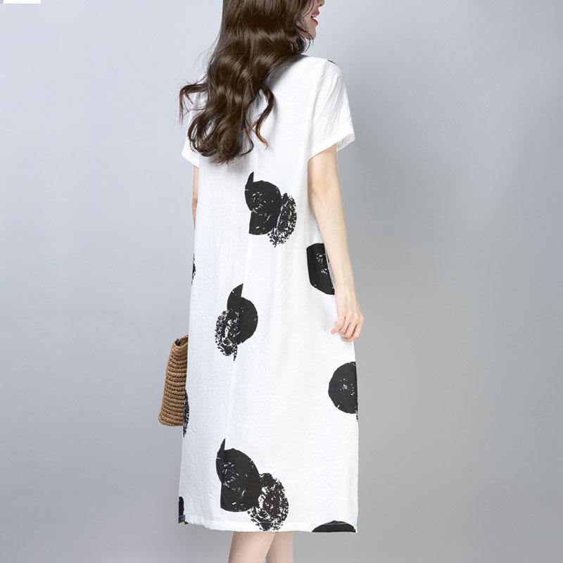 women Midi-length cotton dress trendy plus size Casual Short Sleeve Round Neck Printed White Dress - Omychic