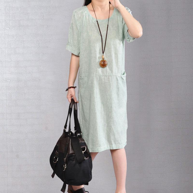 women Midi cotton dresses plus size clothing Casual Stripe Summer Short Sleeve Light Green Dress - Omychic