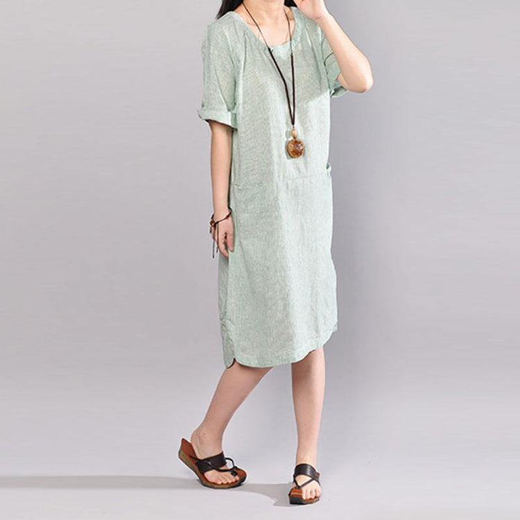 women Midi cotton dresses plus size clothing Casual Stripe Summer Short Sleeve Light Green Dress - Omychic