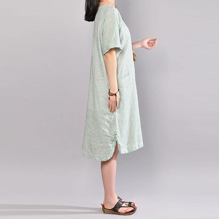women Midi cotton dresses plus size clothing Casual Stripe Summer Short Sleeve Light Green Dress - Omychic