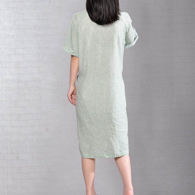 women Midi cotton dresses plus size clothing Casual Stripe Summer Short Sleeve Light Green Dress - Omychic