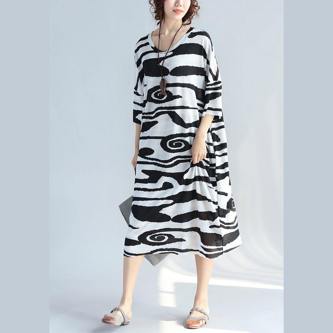 women black cotton knee dress trendy plus size casual dress New short sleeve asymmetric striped cotton dresses - Omychic