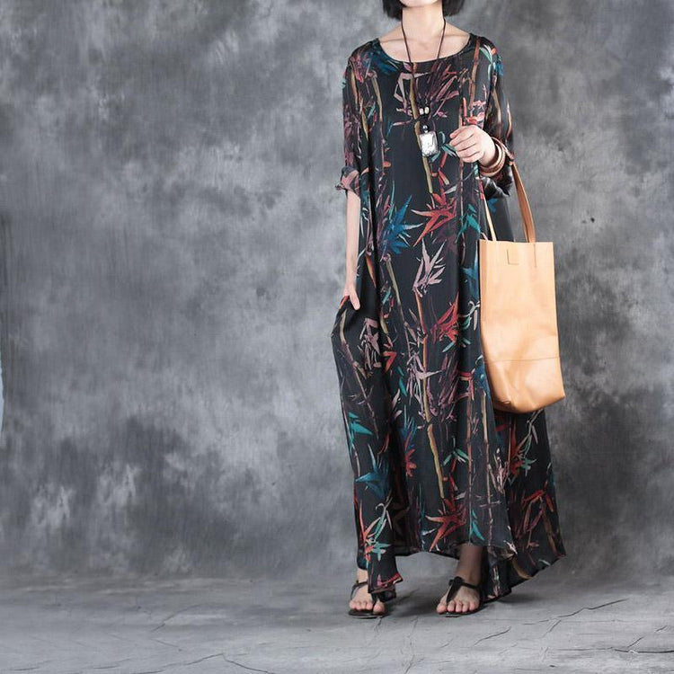 women black silk maxi dress oversized prints traveling clothing New big hem  caftans - Omychic