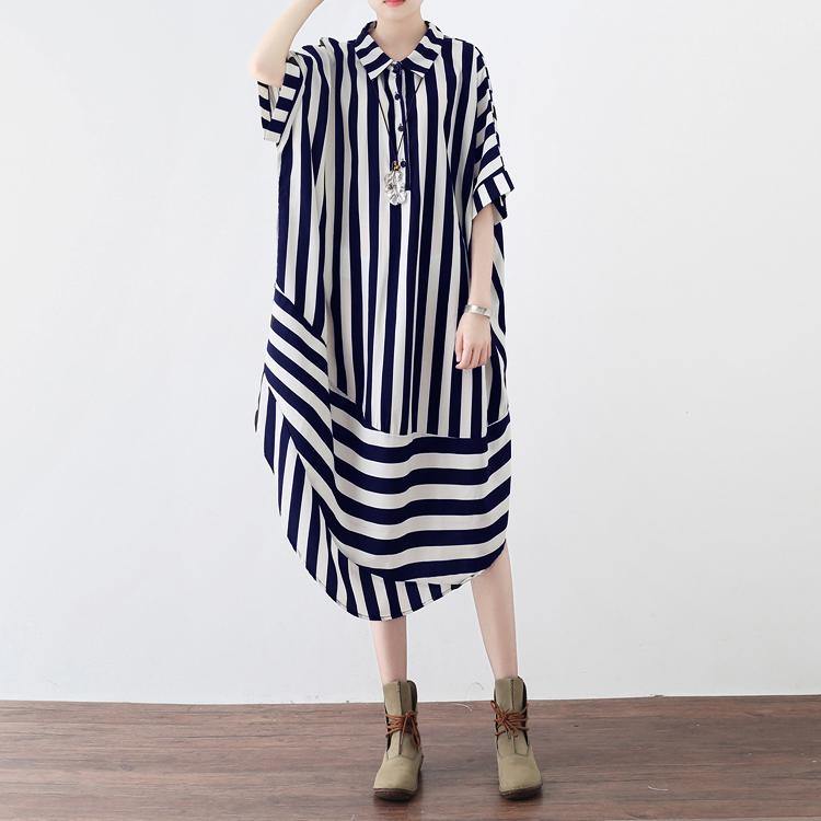 women black striped chiffon blended maxi dress trendy plus size shirt collar dresses Elegant patchwork caftans - Omychic