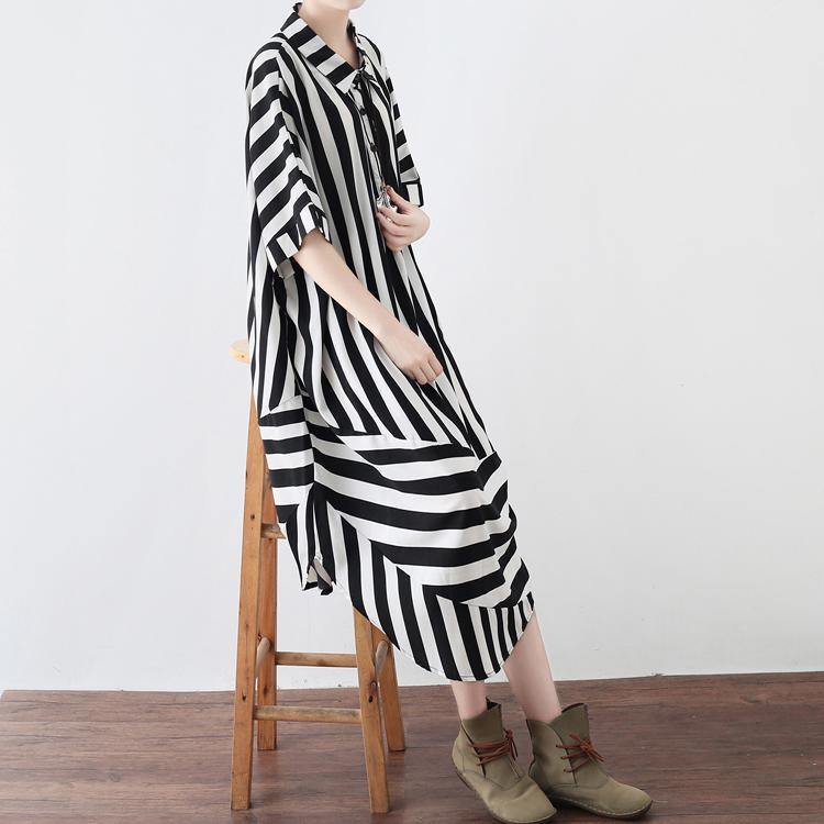 women black striped chiffon blended maxi dress trendy plus size shirt collar dresses Elegant patchwork caftans - Omychic