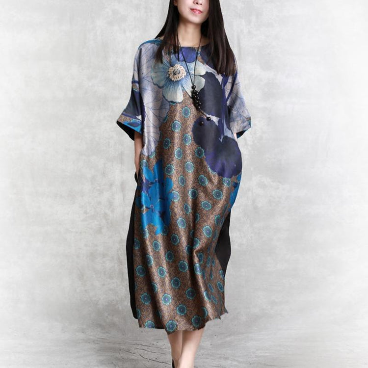 women blue prints natural silk dress  plus size side open silk clothing dress vintage patchwork kaftans - Omychic