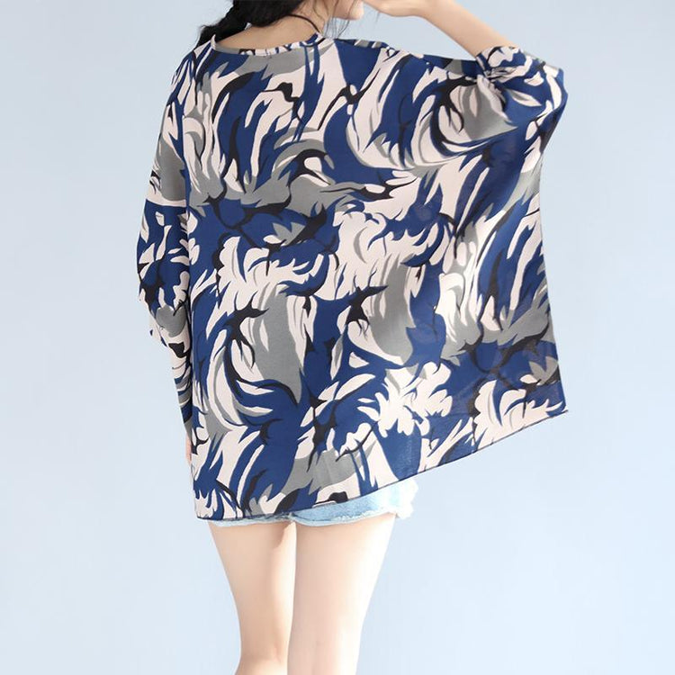 women blue prints pure cotton blouse oversize holiday tops boutique o neckhalf sleeve cotton blouses - Omychic