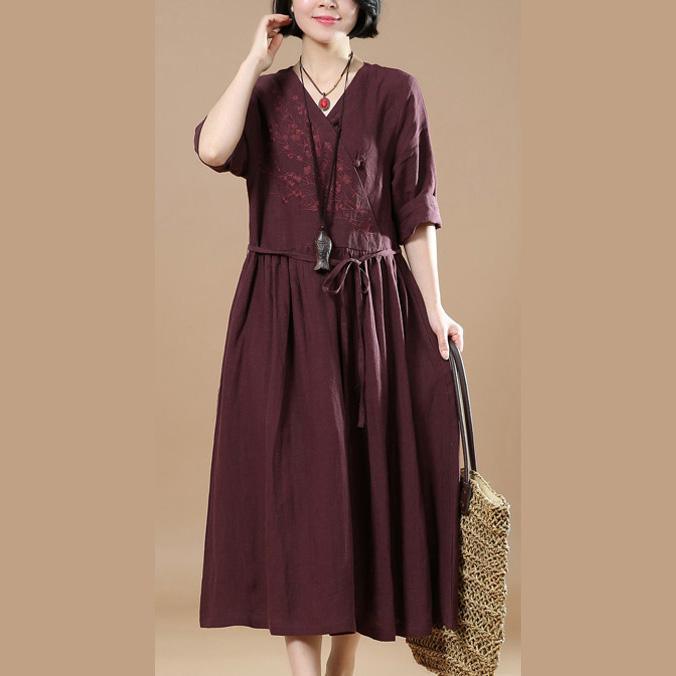 women burgundy linen caftans plus size embroideried traveling clothing Elegant Chinese Button maxi dresses - Omychic