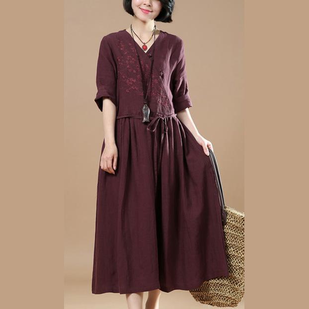 women burgundy linen caftans plus size embroideried traveling clothing Elegant Chinese Button maxi dresses - Omychic