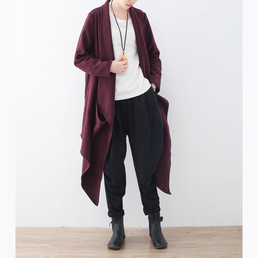 women burgundy wool jackets Loose fitting Winter coat 2017  long coats asymmetric hem - Omychic