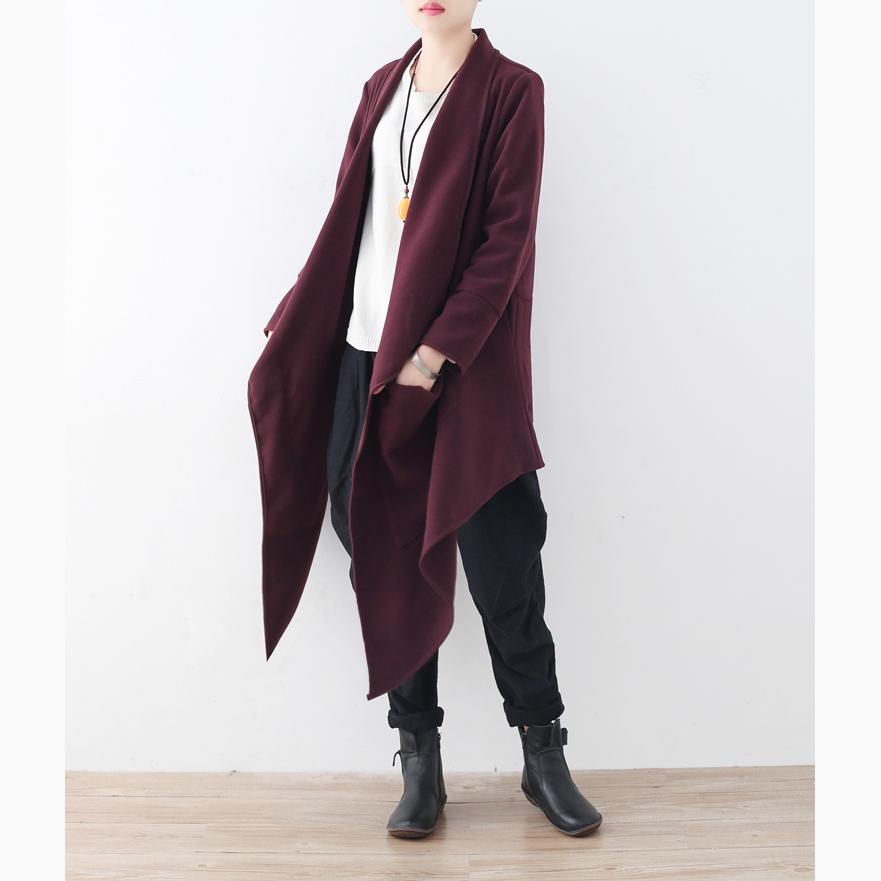 women burgundy wool jackets Loose fitting Winter coat 2017  long coats asymmetric hem - Omychic