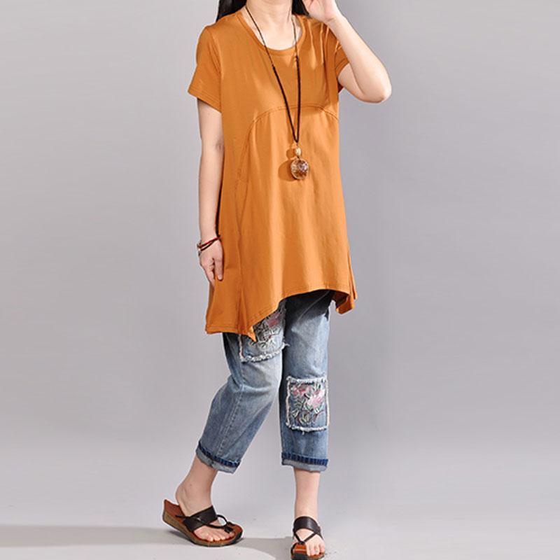 women cotton blouse plus size clothing Casual Women Summer Pure Color Round Neck T-shirt - Omychic