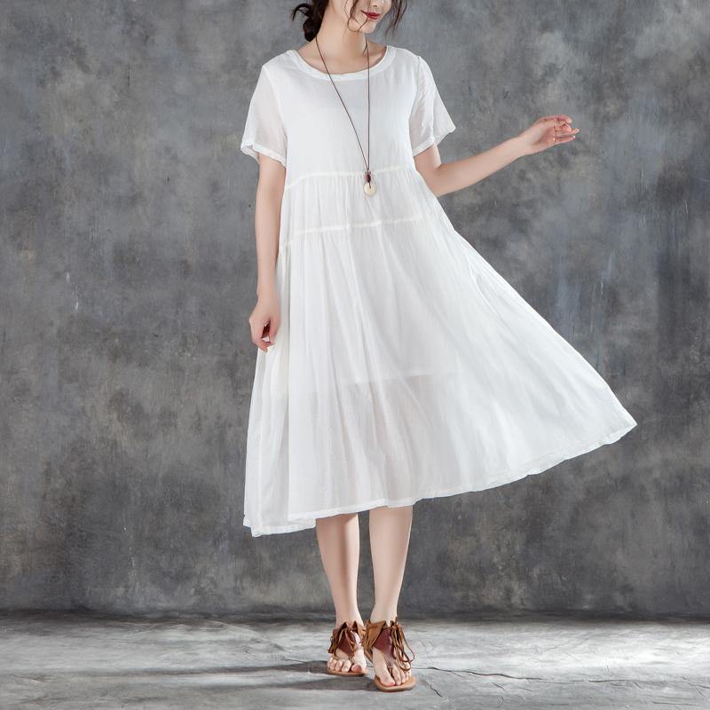 Women Cotton Dresses Plus Size Clothing Casual Summer Round Neck Short Sleeve White Dress ( Limited Stock) - Omychic