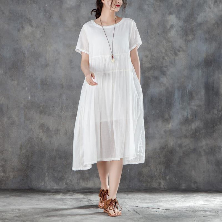 Women Cotton Dresses Plus Size Clothing Casual Summer Round Neck Short Sleeve White Dress ( Limited Stock) - Omychic