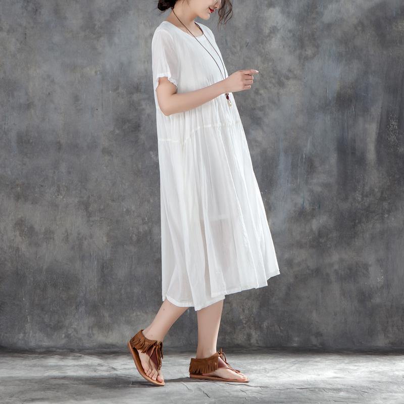 Women Cotton Dresses Plus Size Clothing Casual Summer Round Neck Short Sleeve White Dress ( Limited Stock) - Omychic