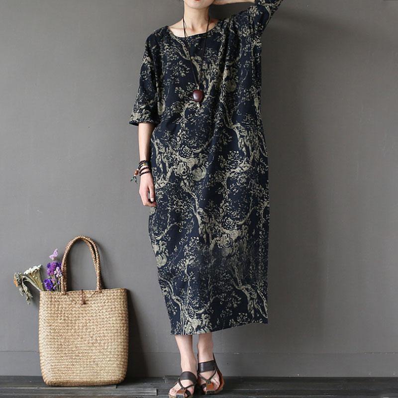 women cotton maxi dress oversized Cotton Linen Printed Loose Half Sleeve Dress - Omychic