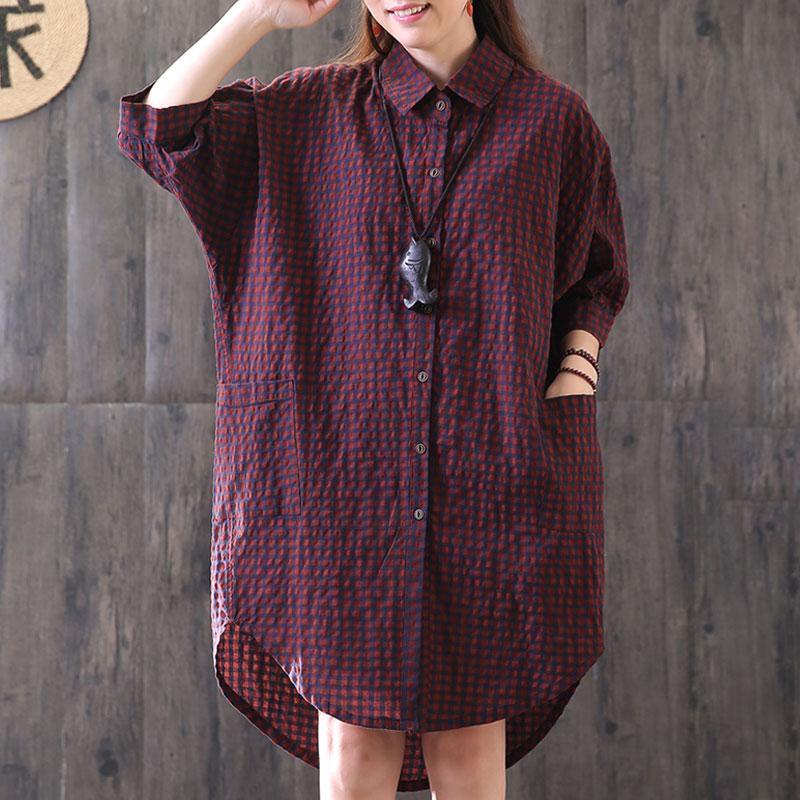 women cotton tops oversized Loose Casual Plaid Single Breasted Women Red Shirt - Omychic