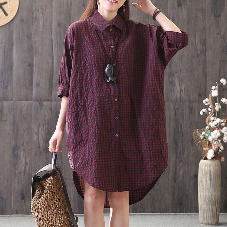 women cotton tops oversized Loose Casual Plaid Single Breasted Women Red Shirt - Omychic