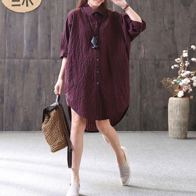 women cotton tops oversized Loose Casual Plaid Single Breasted Women Red Shirt - Omychic
