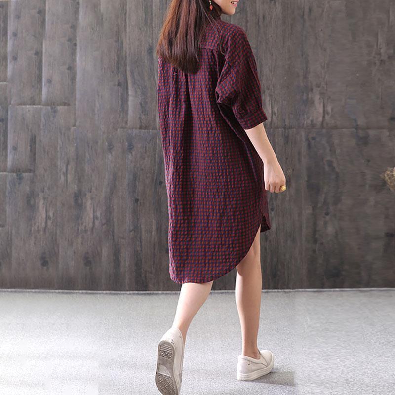 women cotton tops oversized Loose Casual Plaid Single Breasted Women Red Shirt - Omychic