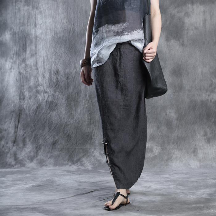 women dark gray striped linen skirts casual fashion side open maxi skirt - Omychic