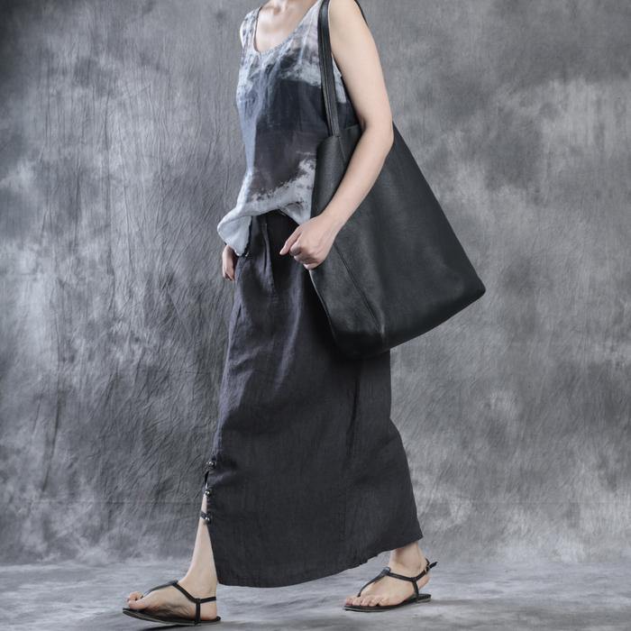 women dark gray striped linen skirts casual fashion side open maxi skirt - Omychic