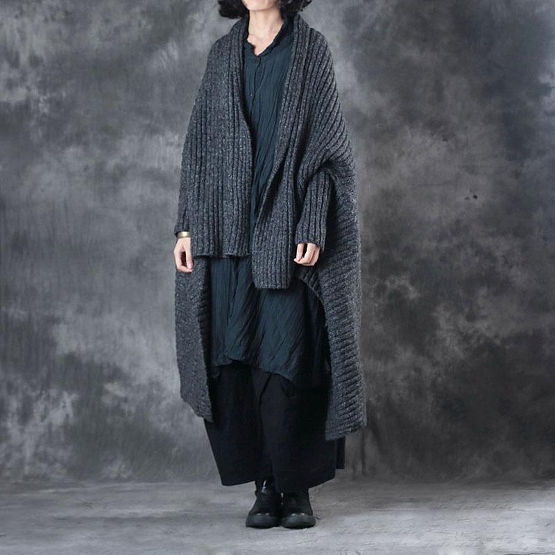 women dark gray sweater Loose fitting batwing sleeve vintage knitted tops - Omychic