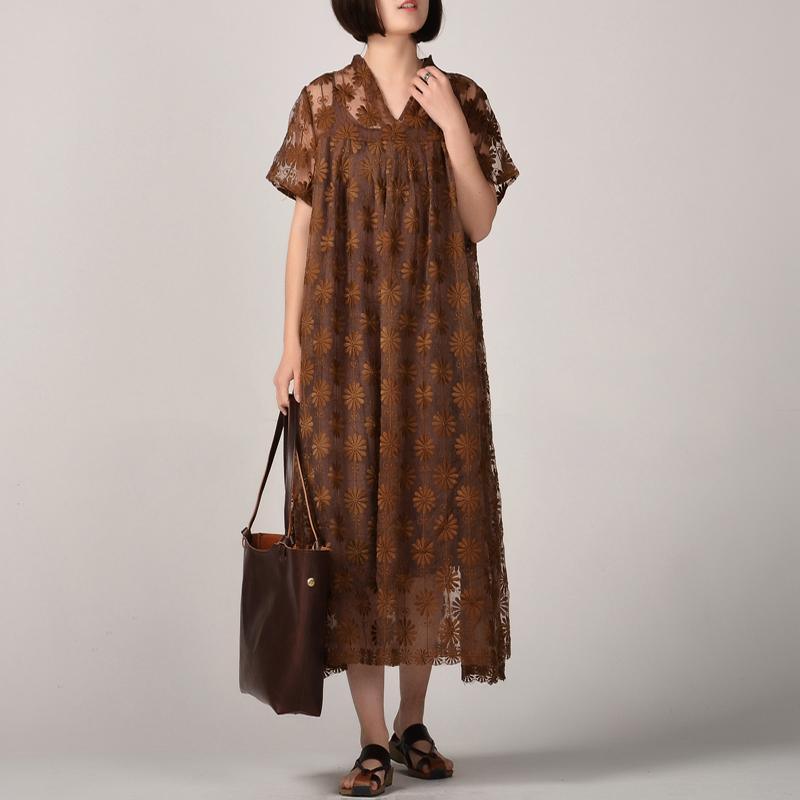 women dark khaki long silk linen dresses plus size embroidery traveling dress and sleeveless dresses boutique two pieces - Omychic