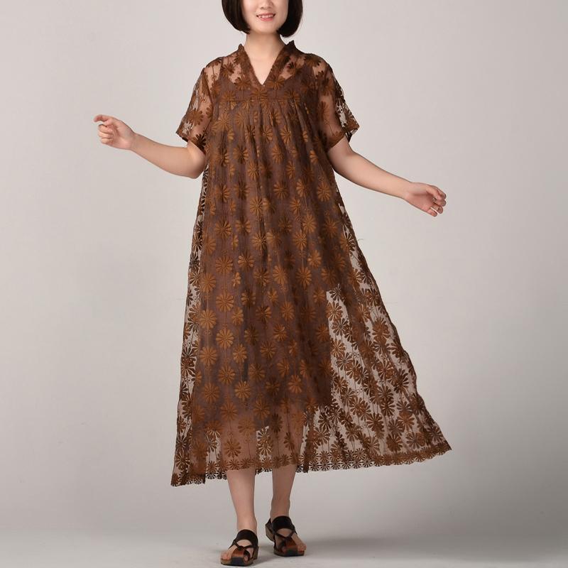 women dark khaki long silk linen dresses plus size embroidery traveling dress and sleeveless dresses boutique two pieces - Omychic