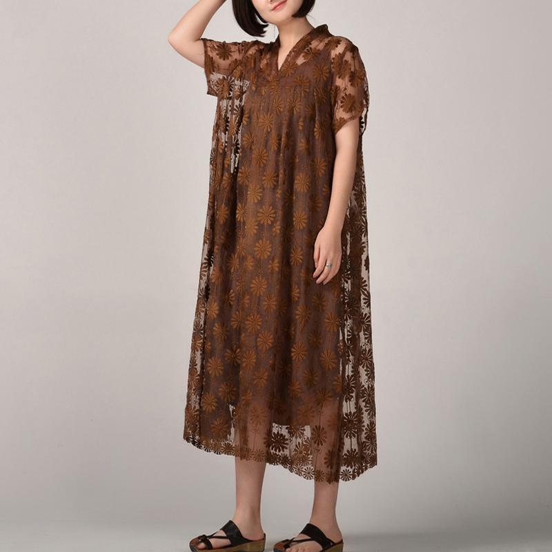 women dark khaki long silk linen dresses plus size embroidery traveling dress and sleeveless dresses boutique two pieces - Omychic