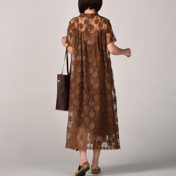 women dark khaki long silk linen dresses plus size embroidery traveling dress and sleeveless dresses boutique two pieces - Omychic