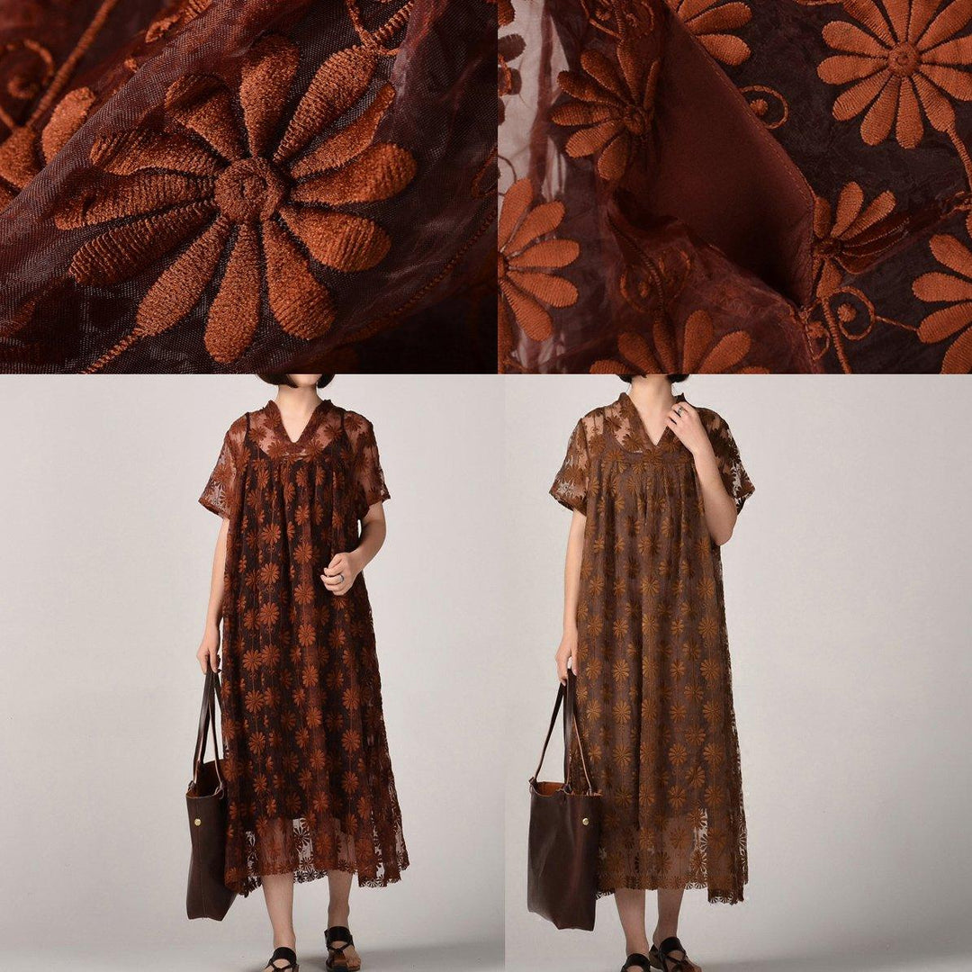 women dark khaki long silk linen dresses plus size embroidery traveling dress and sleeveless dresses boutique two pieces - Omychic