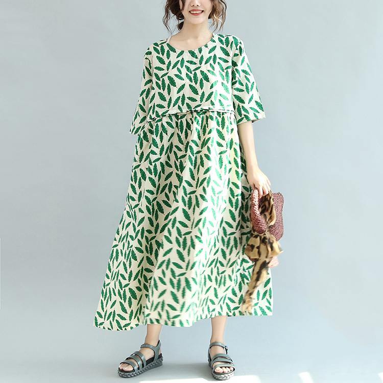 women green print linen caftans plus size clothing pleated caftans women o neck maxi dresses - Omychic