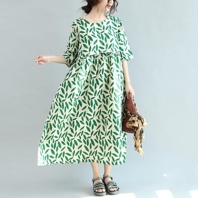 women green print linen caftans plus size clothing pleated caftans women o neck maxi dresses - Omychic