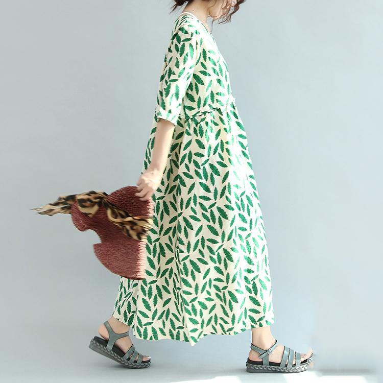 women green print linen caftans plus size clothing pleated caftans women o neck maxi dresses - Omychic