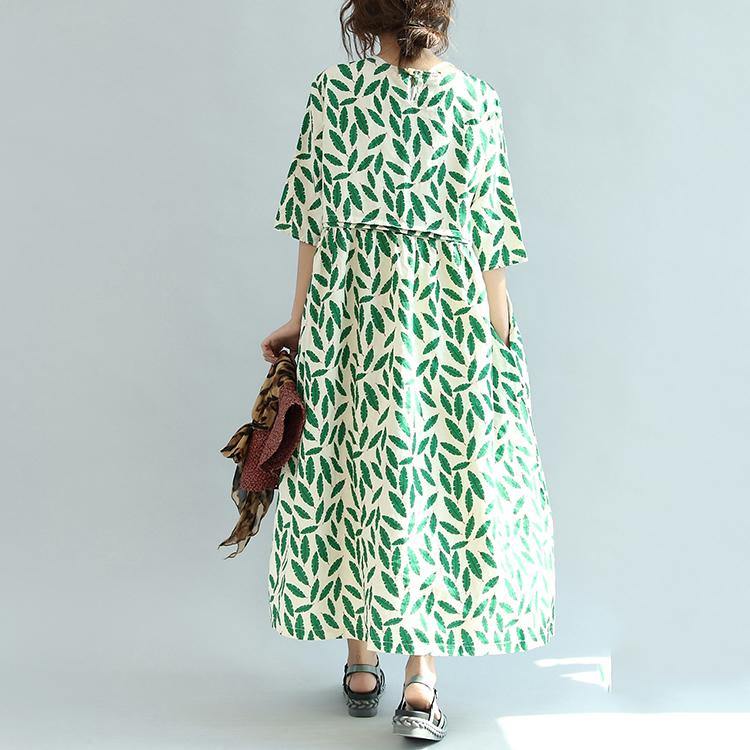 women green print linen caftans plus size clothing pleated caftans women o neck maxi dresses - Omychic