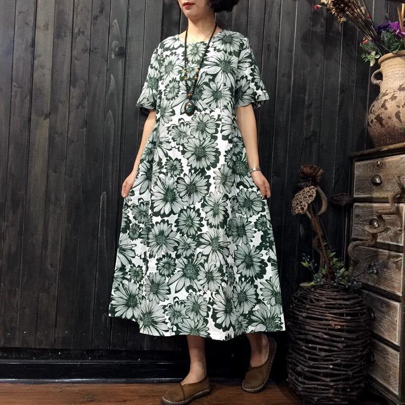 women green prints linen shift dresses Loose fitting linen maxi dress boutique short sleeve o neck cotton clothing - Omychic