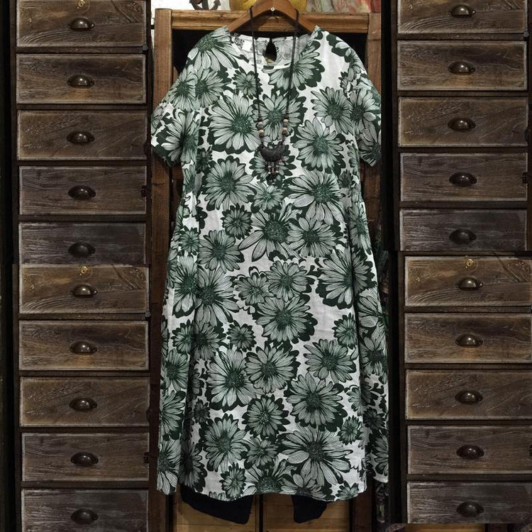 women green prints linen shift dresses Loose fitting linen maxi dress boutique short sleeve o neck cotton clothing - Omychic