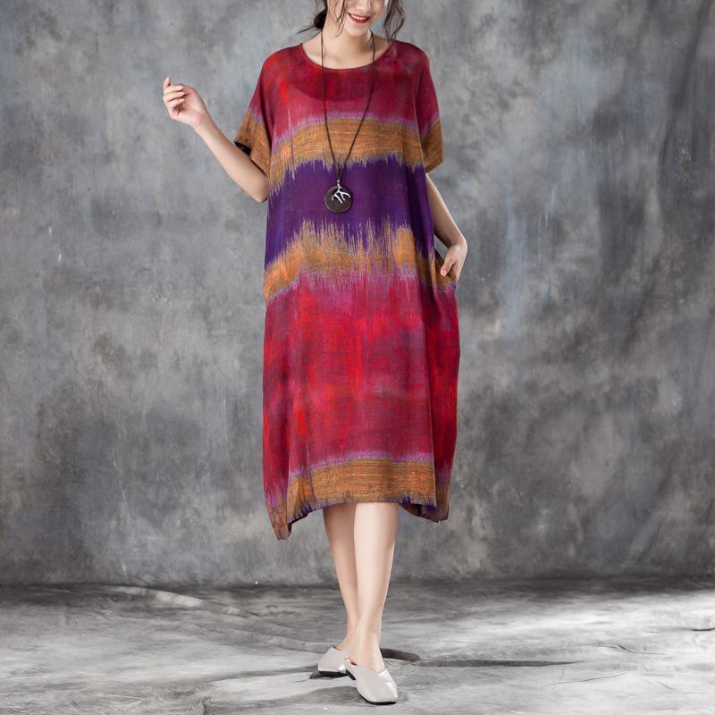 women holiday dress bohemian style Casual Round Neck Short Sleeve Chiffon Printed Dress - Omychic