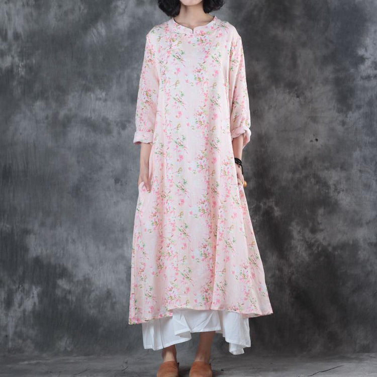 Women Light Pink Cotton Dress Trendy Plus Size Stand Collar Cotton Clothing Dresses Women Button Kaftans - Omychic