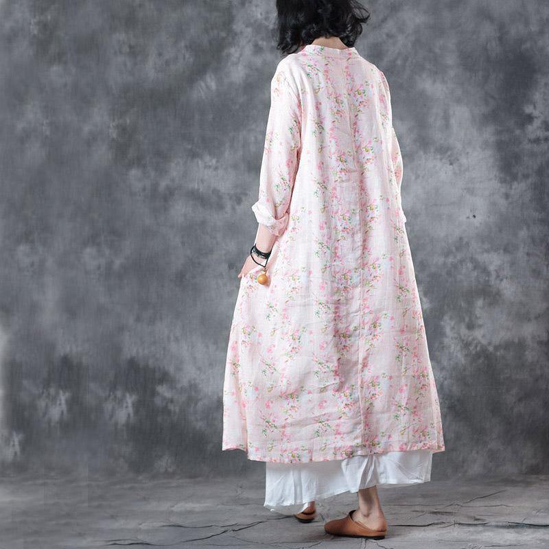Women Light Pink Cotton Dress Trendy Plus Size Stand Collar Cotton Clothing Dresses Women Button Kaftans - Omychic