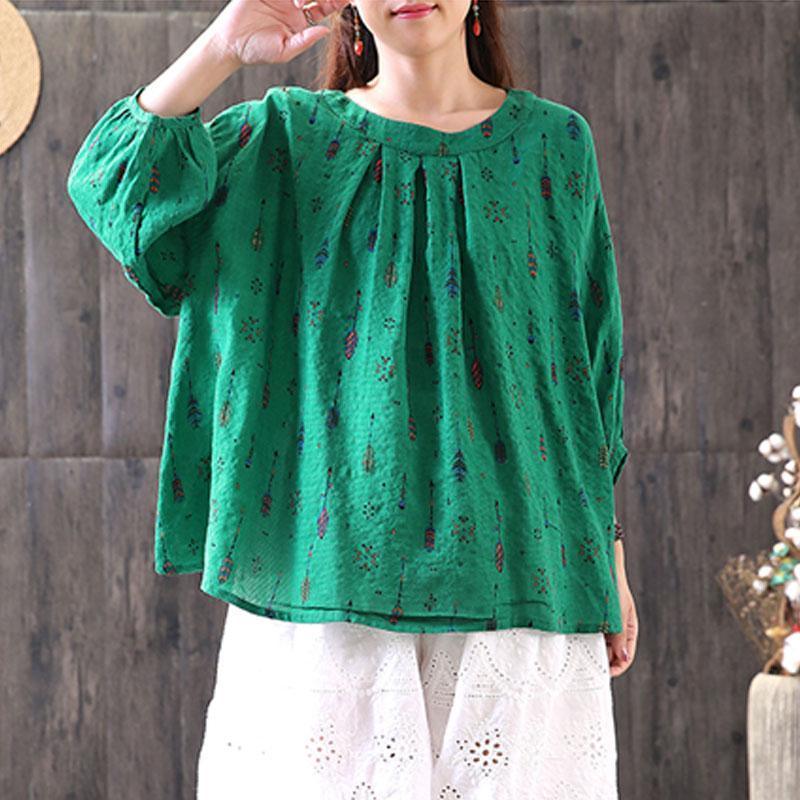 women linen blouses casual Loose Printed Three Quarter Sleeve Round Neck Tops - Omychic