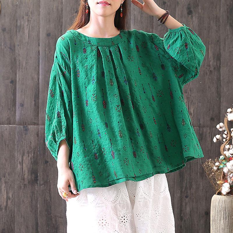 women linen blouses casual Loose Printed Three Quarter Sleeve Round Neck Tops - Omychic