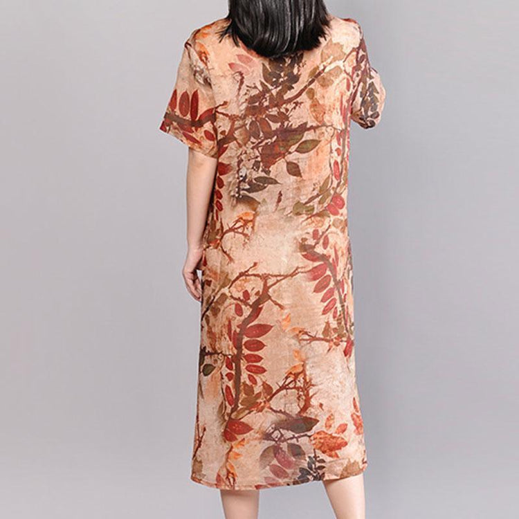 women linen summer dress Loose fitting Women Printed Round Neck Short Sleeve Flax Dress - Omychic